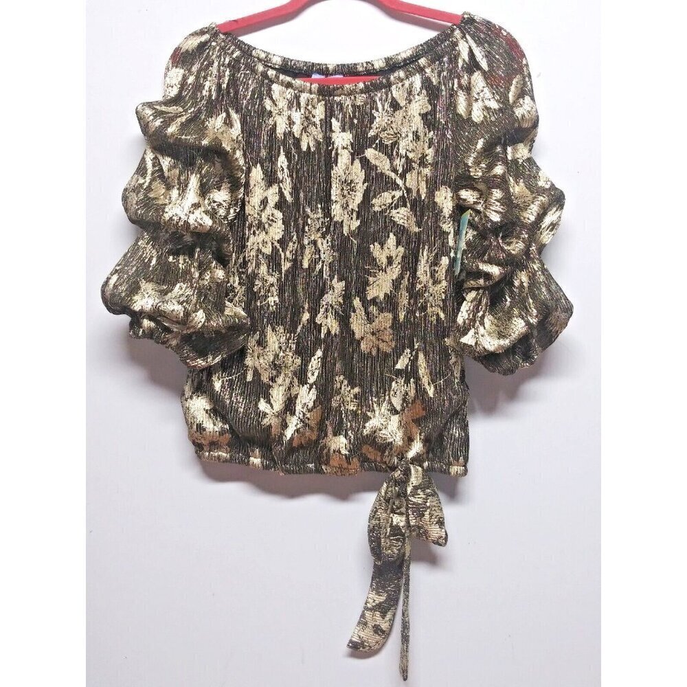 NWT CeCe Womens top Sz S shimmery gold black Party metallic blouson off shoulder
